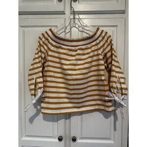 New $78 J Crew Yellow White Striped Off Shoulder 3/4Sleeve Top Blouse Size Small